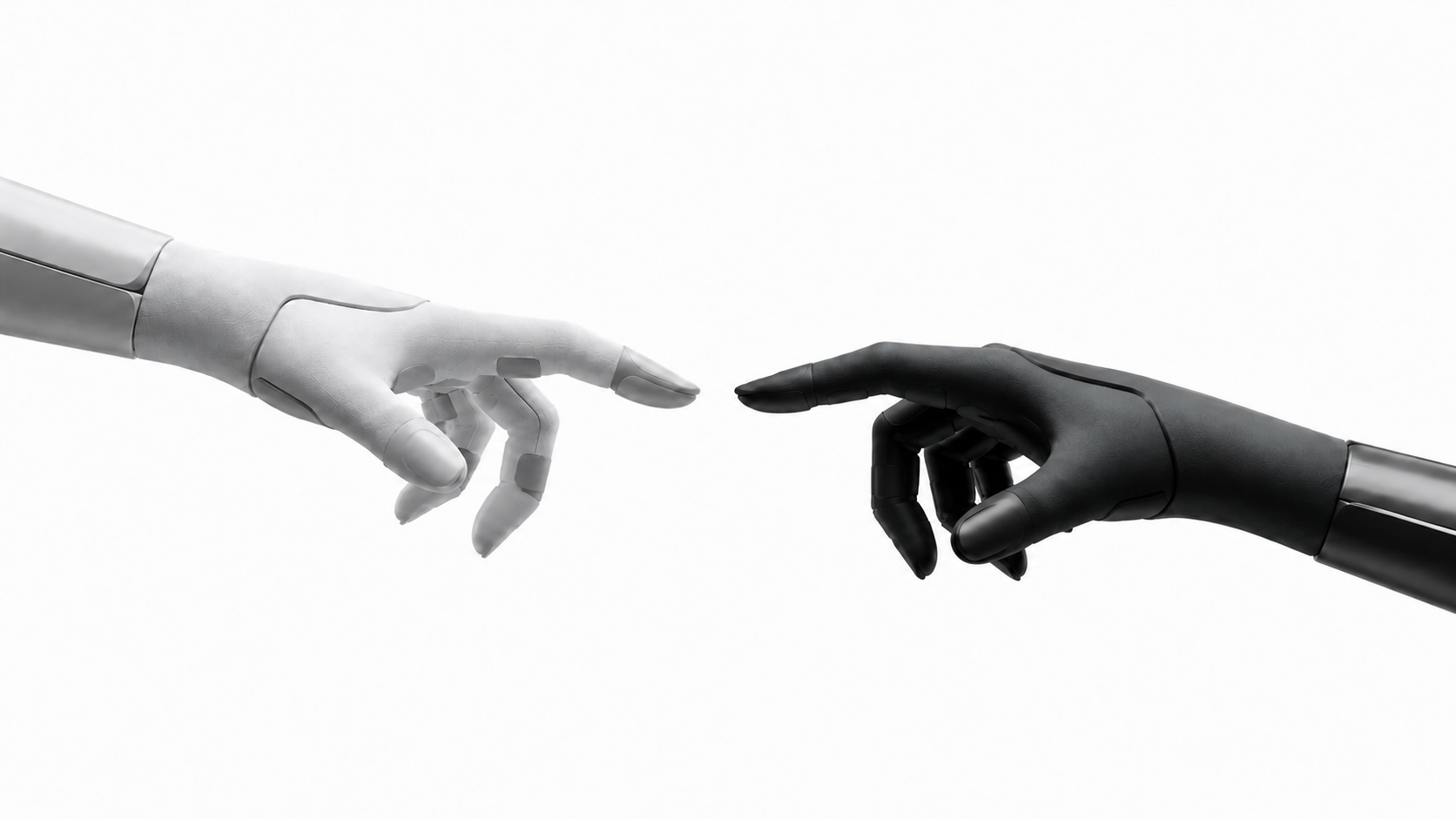 Two robotic hands reaching toward one another